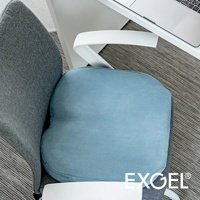 THE OWL 3D進階款坐墊，淺藍色，布面材質，放置於灰色辦公椅上，旁邊有白色扶手及筆記型電腦。