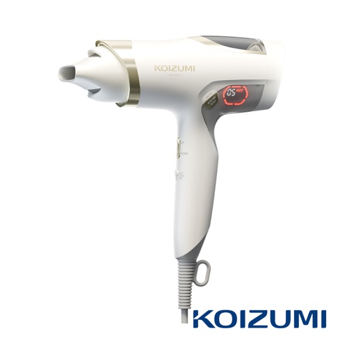 KOIZUMI 護髮吹風機，白色機身搭配金色飾環，具備 LED 顯示屏顯示溫度，可調節模式及冷熱風。
