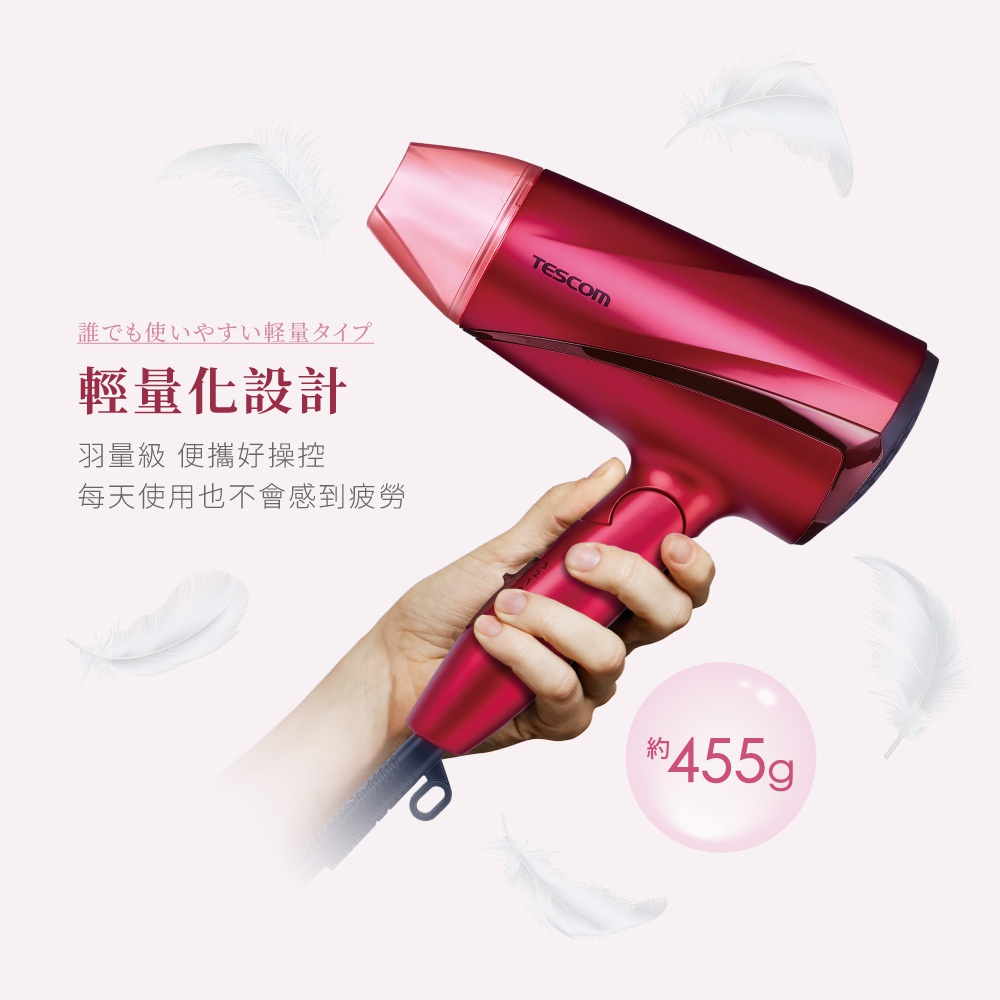 TESCOM 品牌紅色吹風機，由女性手持，周圍環繞著羽毛裝飾，強調其輕巧的設計，並標示重量約為 455 克。