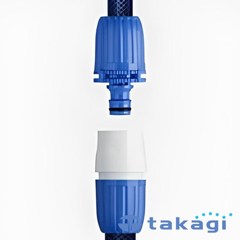 藍色與白色轉接頭，由塑膠材質製成，設計用於連接水管。