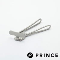 銀色不鏽鋼旋轉開罐器，具有兩個圓形握柄和一個可旋轉的切割輪，底部有齒狀設計。