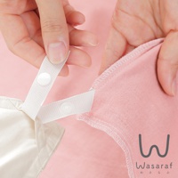 雙手正在操作一件粉色雙層紗材質的被套，被套邊緣有縫線，並附有白色織帶及按扣，用於固定。