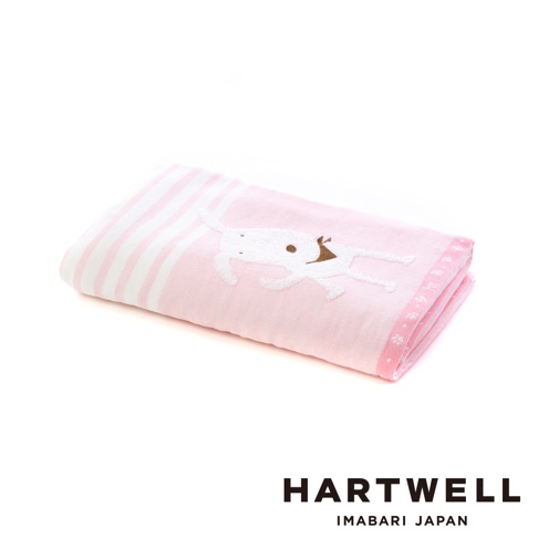 粉紅色今治純棉紗布毛巾，帶有白色條紋和可愛的白色狗狗刺繡圖案，狗狗身上有棕色領結。