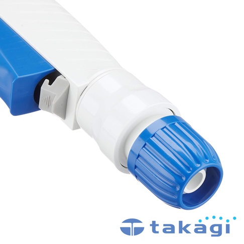 短灑水噴嘴 QG138FJ，白色主體，藍色旋鈕和按鈕，由塑膠製成，設計簡潔，便於操作。
