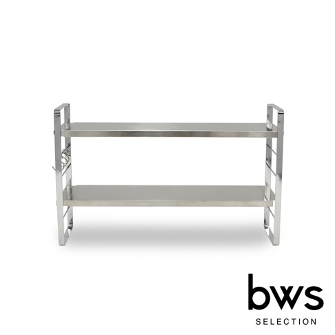 bws SELECTION 不鏽鋼可伸縮雙層收納架，帶有三個S型掛勾，適合廚房收納。