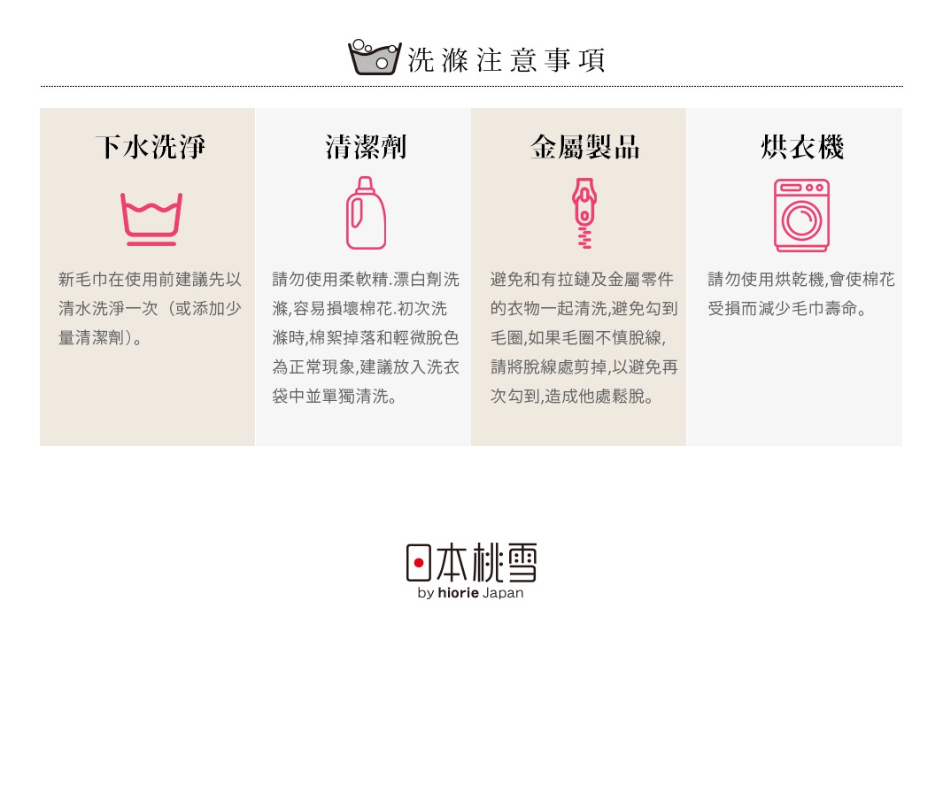 今治匹馬棉毛巾，共有六種顏色，材質為匹馬棉，圖示說明了洗滌注意事項。