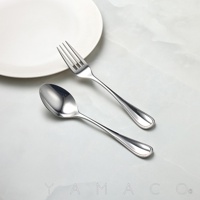 不鏽鋼叉匙兩件組，叉子和湯匙皆有珠狀邊緣設計，擺放在白色餐盤旁。