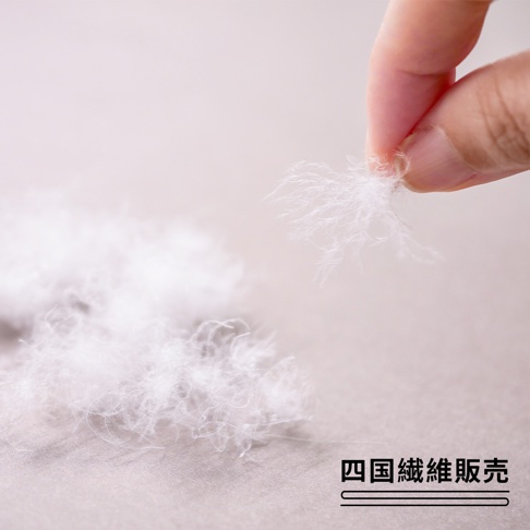 一撮蓬鬆輕盈的白色羽絨，由手指捏起，背景為淺色紋理布料，左側有更多羽絨堆積，右下角有「四國纖維販売」字樣。