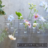 多格一輪玻璃花器，展示數種不同顏色的花朵，如藍色、粉色和白色，置於多個透明玻璃管中，玻璃管固定於金屬網架上。