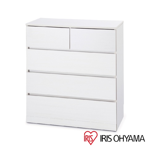 白色木製收納櫃，共五層抽屜，頂部兩層為左右對開式抽屜。