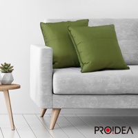 兩個橄欖綠的抱枕，其中一個抱枕的拉鍊部分可見，擺放在淺灰色的沙發上。