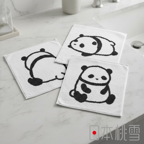 日本桃雪今治純棉可愛熊貓迷你手帕，三款不同熊貓圖案。