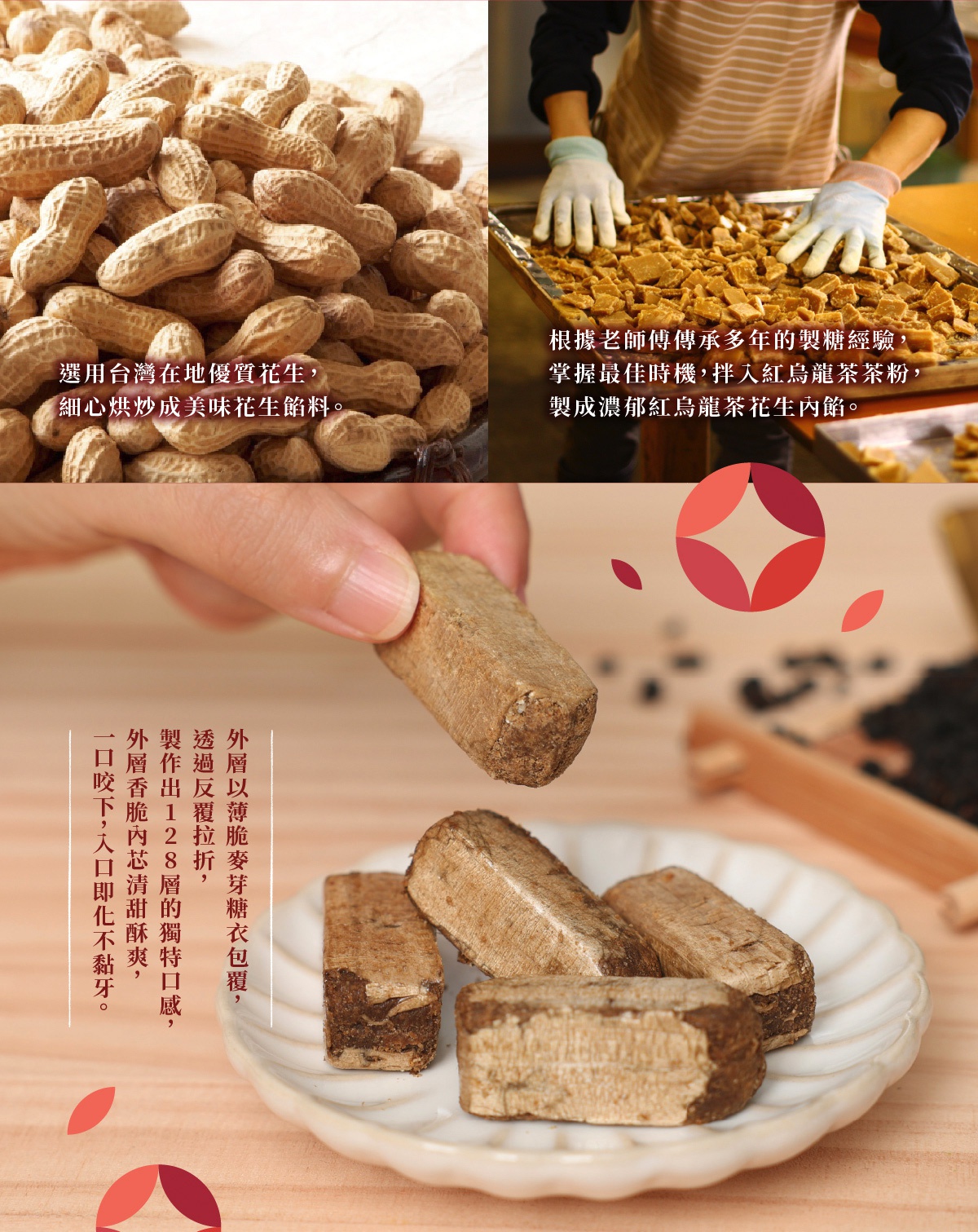 圖片文字：選用台灣在地優質花生，細心烘炒成美味花生餡料。根據老師傅傳承多年的製糖經驗，掌握最佳時機，拌入紅烏龍茶茶粉，製成濃郁紅烏龍茶花生內餡。外層以薄脆麥芽糖衣包覆，透過反覆拉折，製作出128層的獨特口感，外層香脆內芯清甜酥爽，一口咬下，入口即化不黏牙。