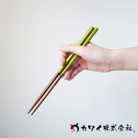 手持一雙由木製成的筷子，上方為綠色，下方為深棕色，筷子尖端細長。