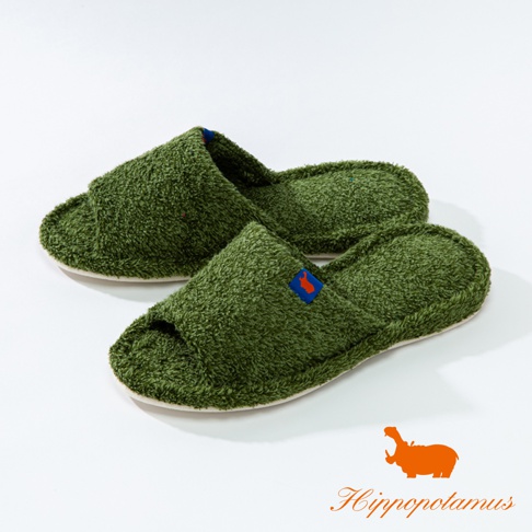 一雙綠色竹棉混紡室內拖鞋，鞋面為毛巾質地，帶有藍底橘色河馬標誌。