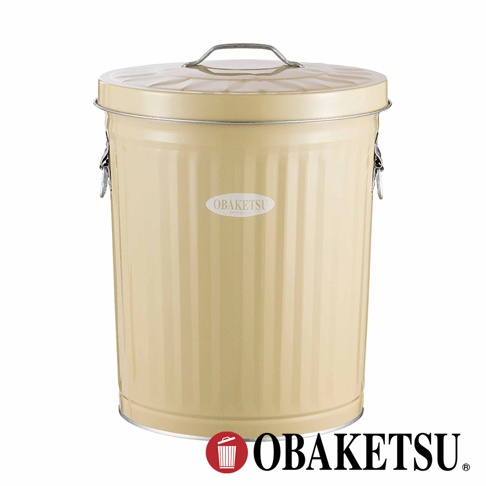 OBAKETSU 品牌手工製米白色鋼製帶蓋垃圾桶，正面有 OBAKETSU 標誌