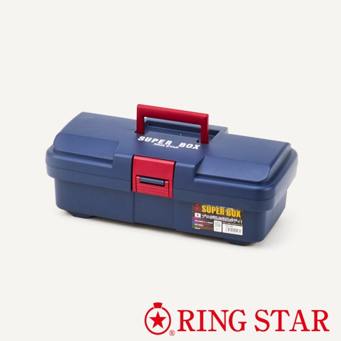 深藍色塑膠雙層工具箱，配有紅色提把和紅色鎖扣，箱蓋上印有「SUPER BOX」字樣，側邊貼有產品標籤。