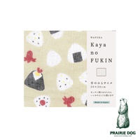 淡黃色五層紗布擦拭巾，印有飯糰和紅色小章魚圖案，尺寸為 30x26 公分。