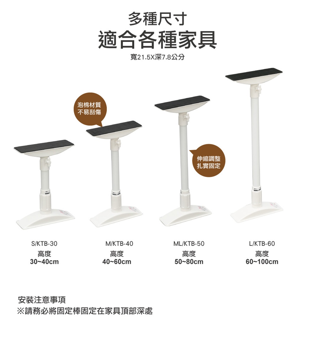 展示四款白色傢俱防倒伸縮固定棒，由左至右高度遞增，頂部有黑色泡棉墊，底部為白色底座，其中兩款有說明文字氣泡，分別標示「泡棉材質不易刮傷」和「伸縮調整，紮實固定」。