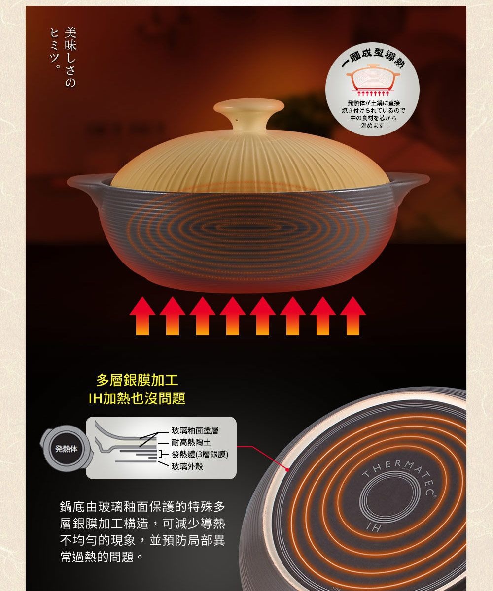 IH系列6.5號耐溫差陶土湯鍋，鍋身為灰色，鍋蓋為淺黃色，帶有放射狀紋路。鍋底有多層結構，可支援IH加熱。