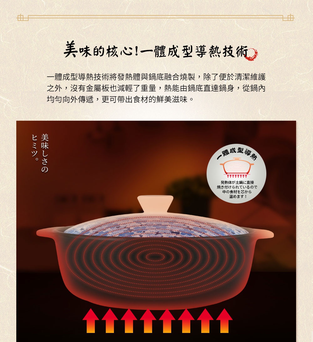 IH系列9號耐溫差和風陶土湯鍋，鍋身為深褐色陶土材質，帶有藍白花紋的鍋蓋，鍋體下方顯示均勻的紅色加熱線條。