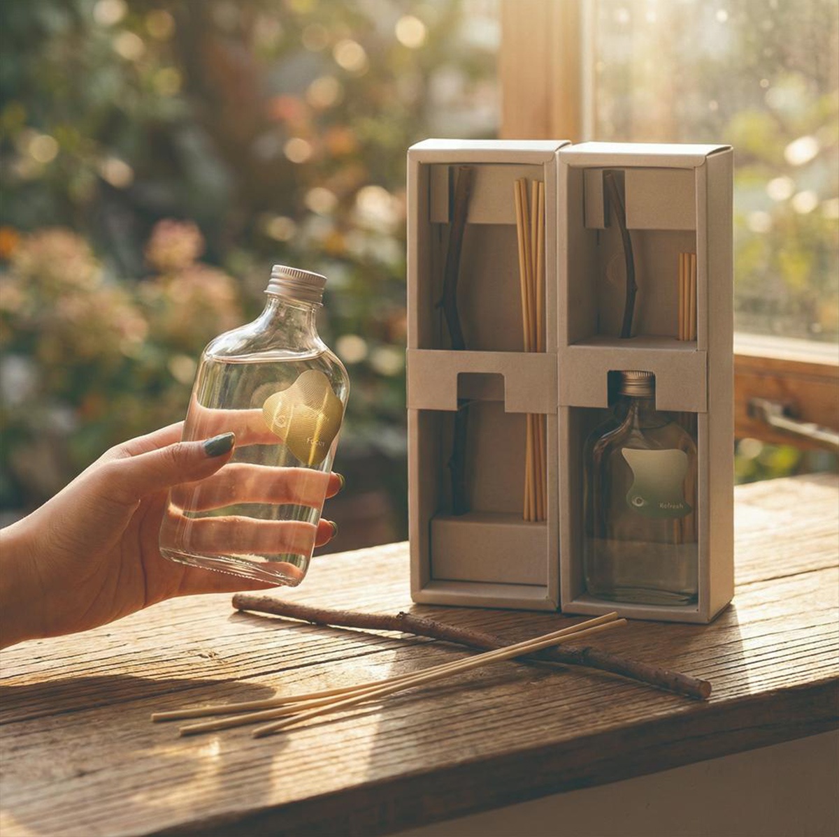 手持 KYARA aroma recolte diffuser 室內擴香竹禮盒，精緻檜木擴香棒與香氛瓶擺放在木桌上，窗外陽光灑落，營造溫馨居家氛圍