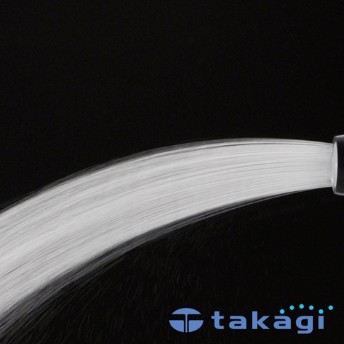 超手感全功能噴水槍 GNZ101N11，噴射出細緻且均勻的白色水流，水流呈弧形散開，噴頭為黑色，背景為黑色。