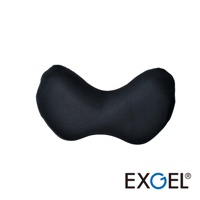 黑色汽車用頸枕，採用彎月形設計，表面為網狀織物材質，提供頭部和頸部支撐。