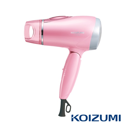 粉紅色 KOIZUMI KHD-9600 大風量負離子吹風機，具有銀色網狀出風口和透明風嘴，機身光滑，帶有調節開關。
