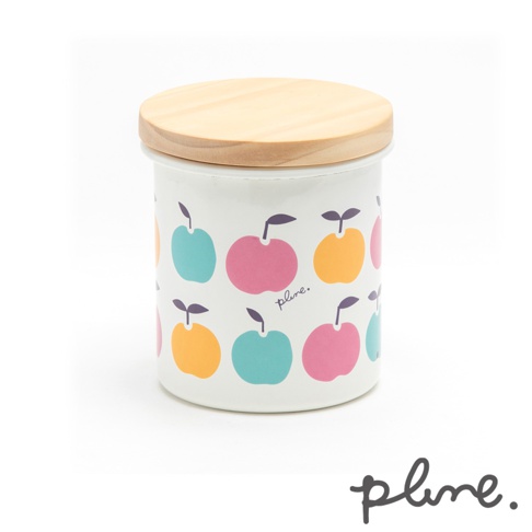琺瑯木蓋密封儲物罐，白色罐身印有粉紅、黃、青綠色蘋果圖案，搭配原木色木質密封蓋。