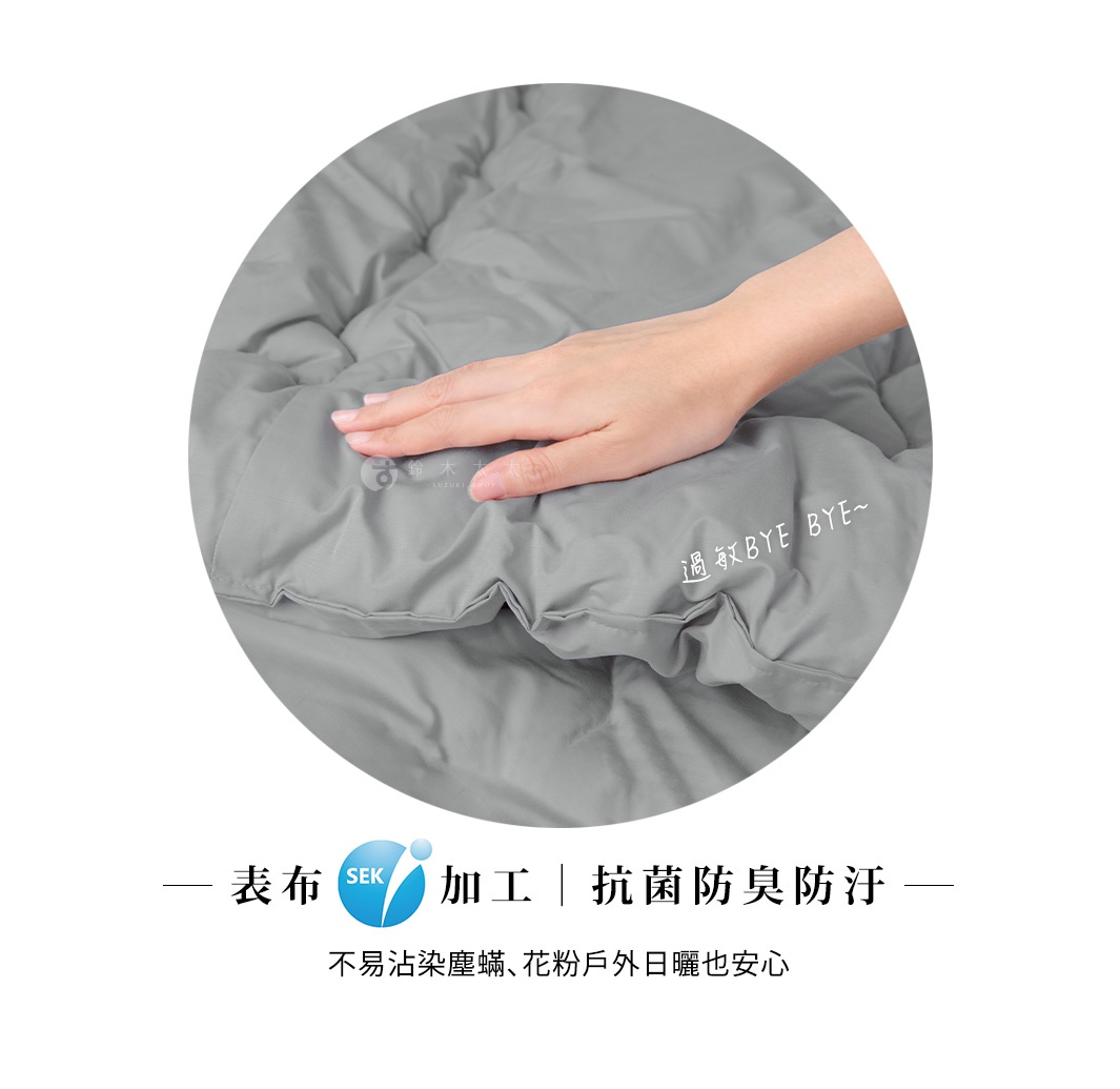 模式B： 一只手輕柔地按壓著灰色被子的表面，被子上有「過敏 BYE BYE~」的字樣，下方還有「SEK 加工 | 抗菌防臭防汗」的標誌及文字說明。
