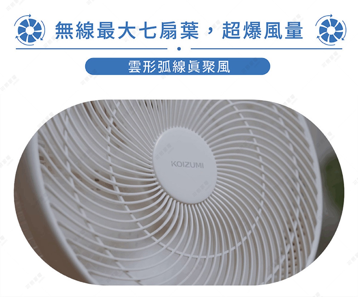 這是一張日本KOIZUMI無線電風扇的宣傳圖，主體為一個白色圓形風扇的近距離特寫，呈現出其獨特的雲形弧線導風網罩設計，中央圓形標誌上印有KOIZUMI品牌名稱，圖片上方標題強調此款無線風扇採用七片扇葉，具備強力風量與集風功能。