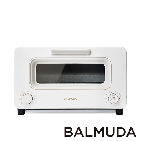 The Toaster 蒸氣烤麵包機，白色，具有簡約設計，配備一個可視窗、溫度選擇旋鈕和定時器旋鈕，機身為光滑的白色材質。