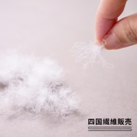 一撮蓬鬆輕盈的白色羽絨，由手指捏起，背景為淺色紋理布料，左側有更多羽絨堆積，右下角有「四國纖維販売」字樣。