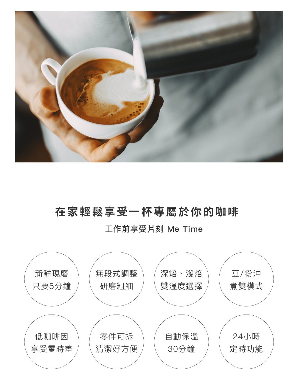 雙手捧著裝有拿鐵咖啡的白色馬克杯，咖啡上方覆蓋著奶泡，下方是深棕色的咖啡液，奶泡正被倒入杯中。