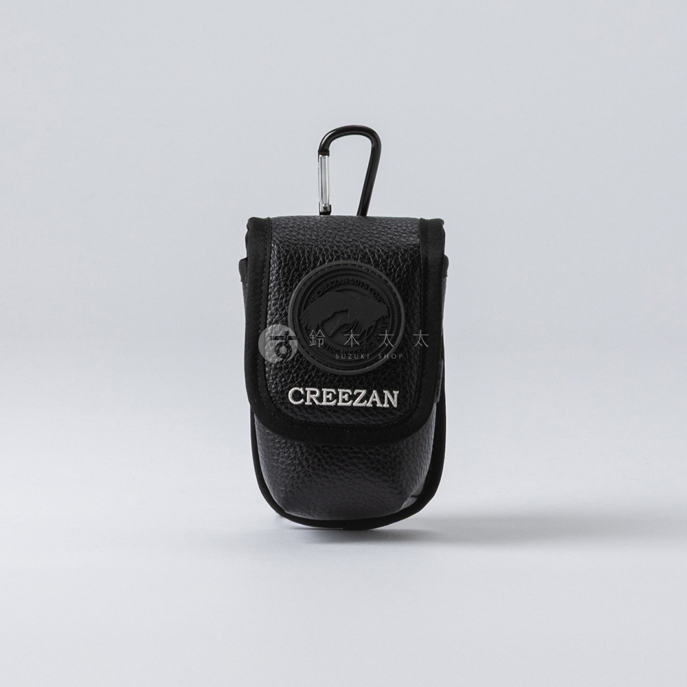 黑色皮革高爾夫球收納腰包，帶有銀色金屬掛鉤。包身有壓紋品牌標誌及「CREEZAN」字樣。
