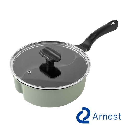 Arnest 綠色附蓋鴛鴦料理鍋，鍋身有兩個獨立的烹煮區域，鍋蓋為透明玻璃材質。
