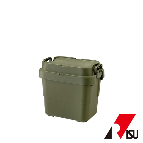 軍綠色TRUNK CARGO可堆疊收納箱，20L容量，採用堅固耐用的塑料材質，帶有蓋子和側邊扣環，可用於戶外或居家收納。