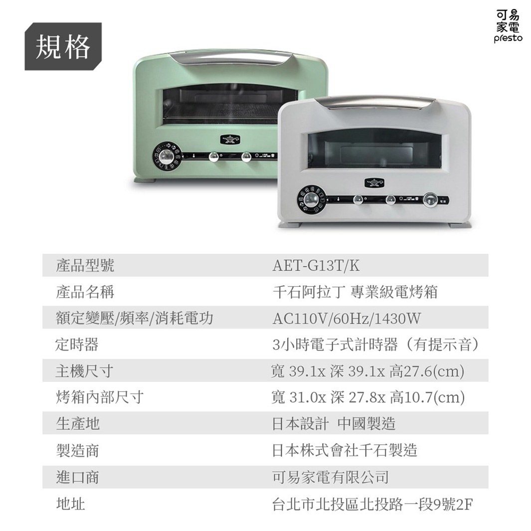 簡約白與薄荷綠兩款復古多用途烤箱，金屬提把，前方面板有旋鈕、按鈕與烤箱門。