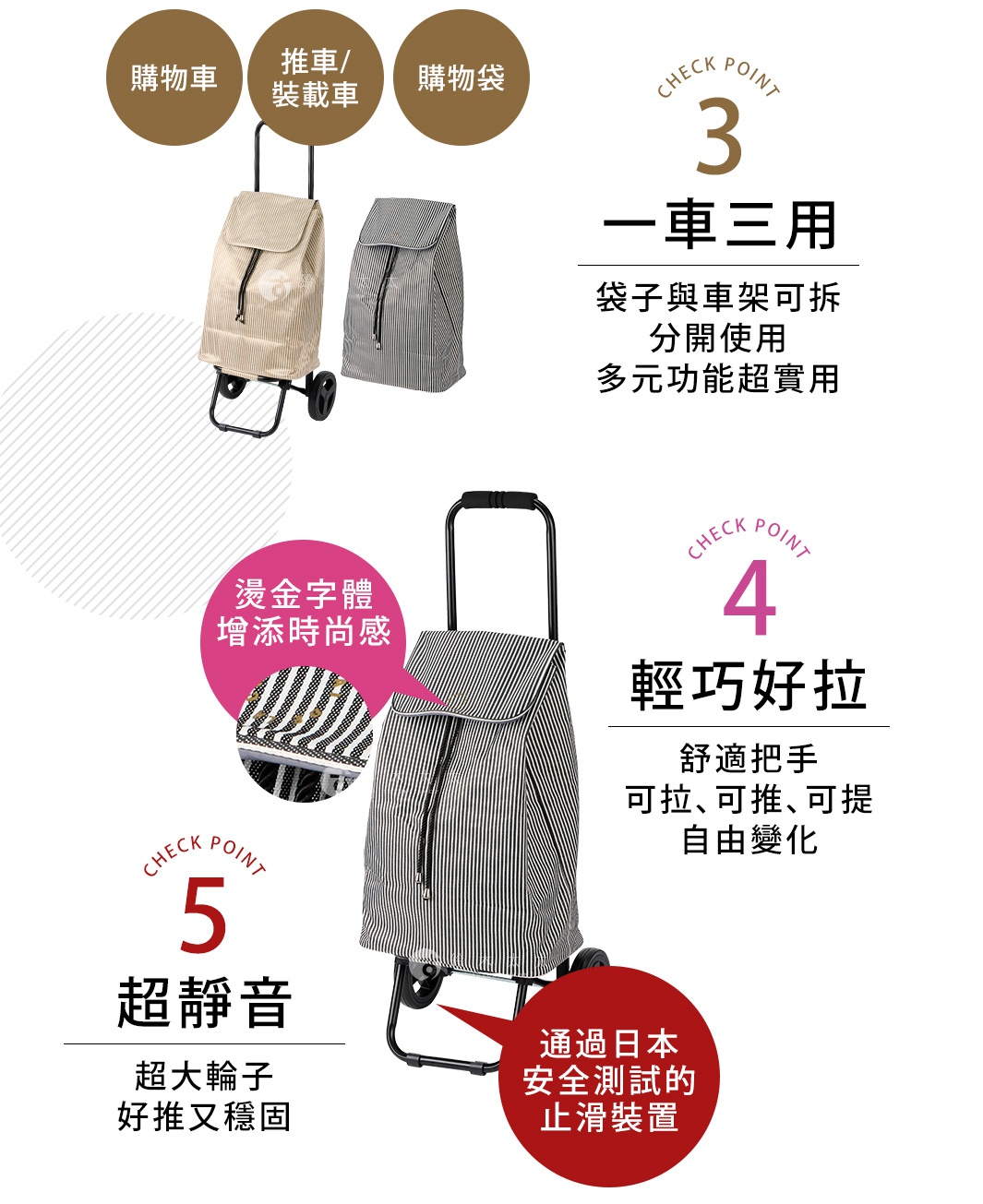 米白色和黑白條紋的兩款三用購物車，皆有拉繩開合、金屬骨架和輪子。