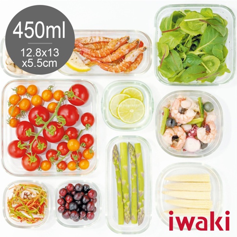 多個耐熱玻璃方形微波保鮮盒，包含鮮蝦、小番茄、綠葉蔬菜、章魚、蘆筍、玉米筍、檸檬片及綜合莓果。