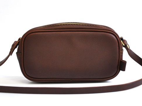 深棕色皮革隨身單肩小包，設有金色拉鍊和皮革肩帶，包身線條簡潔，質感佳。