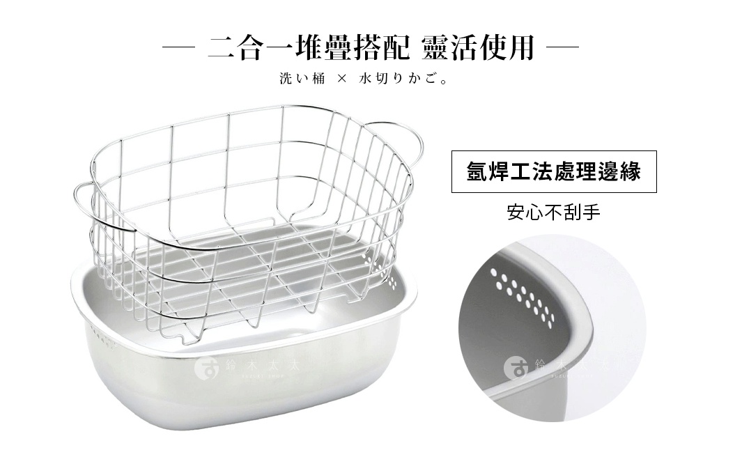 這是一個不鏽鋼洗菜洗碗收納瀝水組，包含一個較大的盆和一個置於其上的網籃，網籃有提把，盆的邊緣有打孔設計。