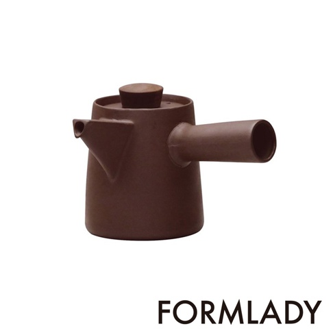 日製萬古燒紫砂橫手急須茶壺，容量400ml，深棕色，壺身圓潤，配有橫向提把及側邊出水口，頂部有木質壺蓋。