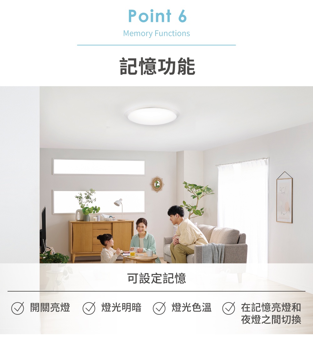 圓框LED吸頂燈，白色半透明燈罩，散發柔和燈光，安裝於客廳天花板，下方有家庭成員。