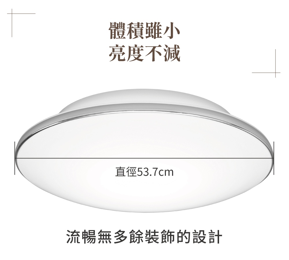圓形LED吸頂燈，配有銀色金屬邊框，燈罩為白色，直徑53.7公分，設計簡潔流暢。