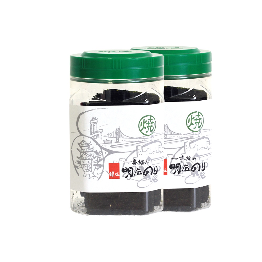 兩個透明塑膠罐裝著燒海苔，罐蓋為綠色。罐身貼有白色標籤，標籤上有日文文字、一座燈塔和一座橋樑的線條畫。