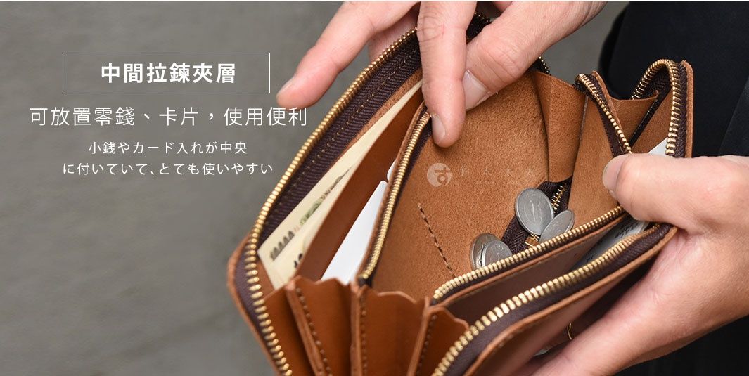 職人手作皮革Organ拉鍊長夾，展示內部結構，包含鈔票、零錢和卡片。長夾採用棕色皮革製作，配有金色拉鍊。