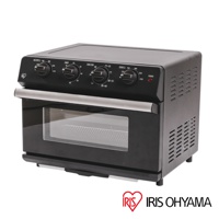 黑色23L大容量氣炸烤箱，設有四個旋鈕控制面板，包括溫度、時間和功能選擇。配備透明玻璃門，可見內部烤網。