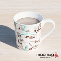 mapmug手繪地圖馬克杯，白色陶瓷杯身印有大阪地圖，搭配粉色線條、棕色手繪風格的散步貓咪圖案與地標。